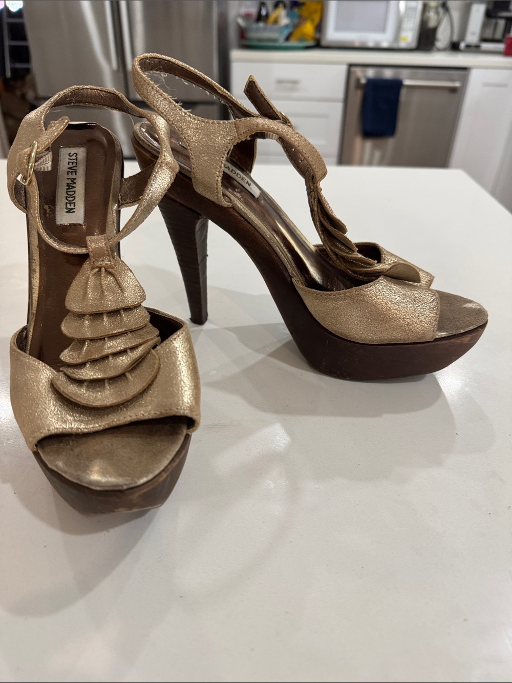 Steve Madden Metallic Gold Platform T-Strap Heels with Ruffle Detail